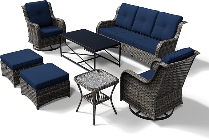Joyside 7 Piece Wicker Patio Furniture Set, Outdoor Swivel Rocker Patio Chairs with High Back, Deep Seating, Wide Armrest, Thickened Cushions, Outdoor Furniture for Deck, Porch Use