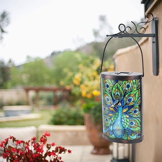 Afirst Solar Lantern Outdoor, Hanging Glass Peacock Solar Lights Waterproof Led Lamp for Garden Yard Tree Desk Decor
