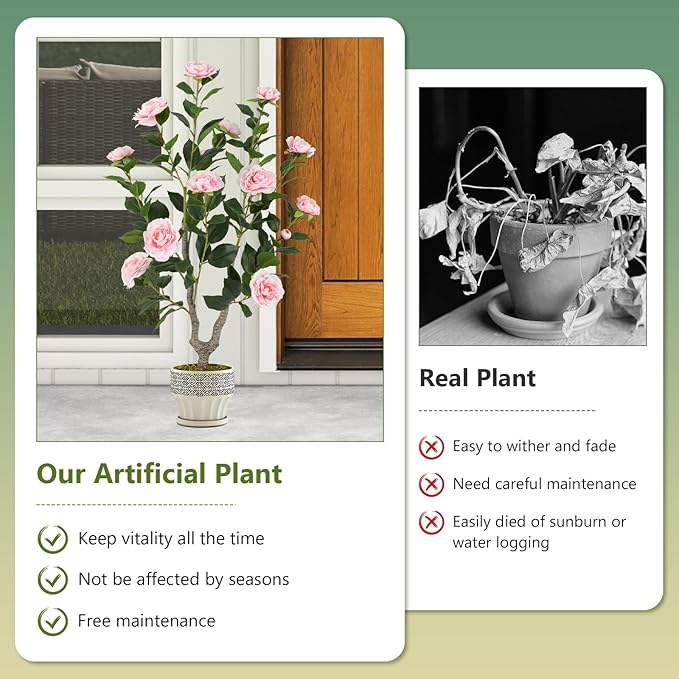 Goplus 36’’ Artificial Camellia Tree, Flower Plants Artificial Tree, Faux Floral Plant Blooming Tree in Nursery Pot, Greenery Potted Plant for Indoor Office Home Porch Decor, Pink