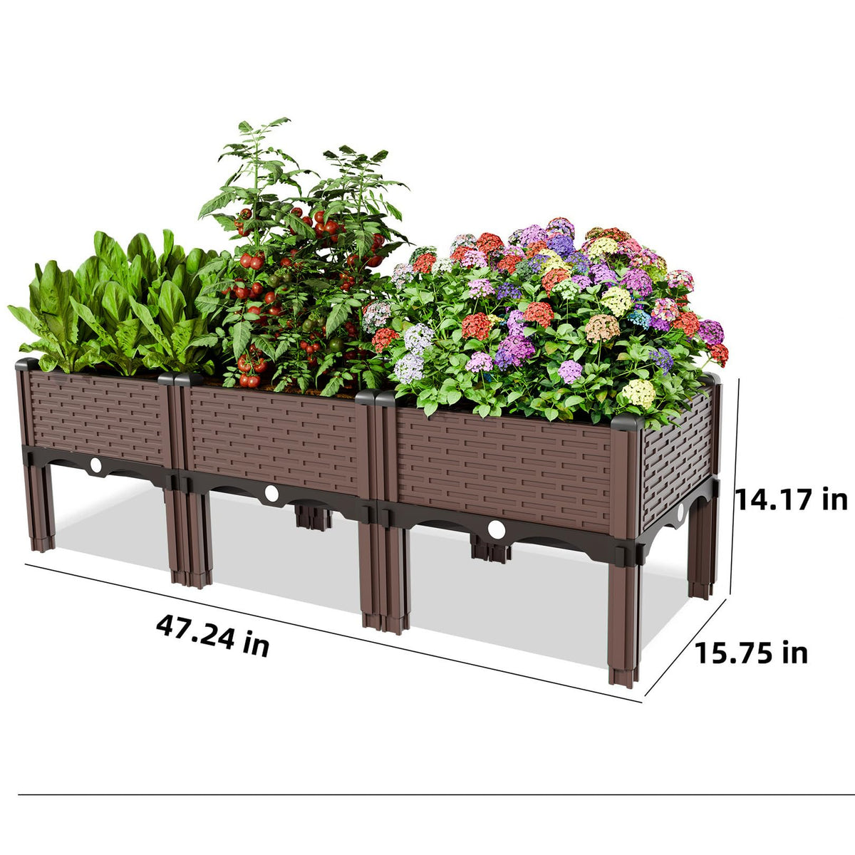 Growchum Modular Raised Garden Bed Kit – DIY Stackable Plant Stand with Self-Watering, 47.24"x15.75"x14.17" Brown Plastic Planter for Herbs, Veggies & Flowers, Includes Vertical Trellis System