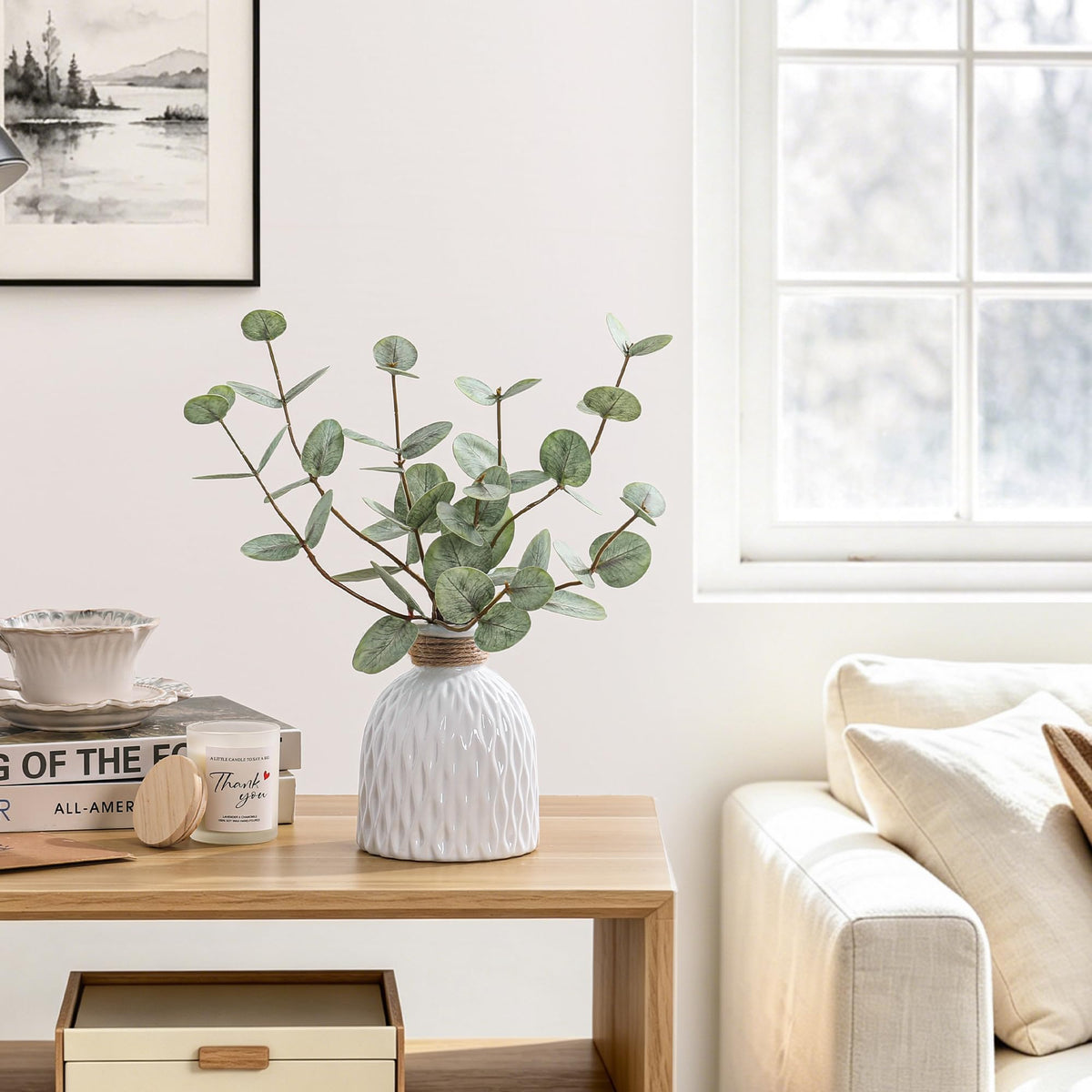 Fake Eucalyptus Plants 4 Stems in Ceramic Vase for Indoor Home Decor