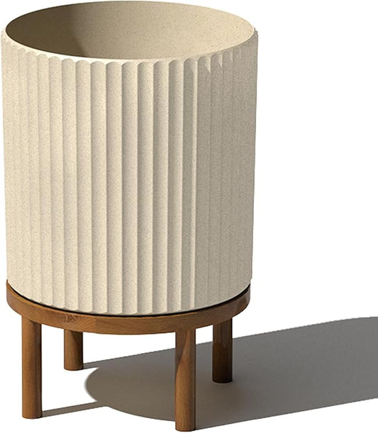 Veradek Demi Series Round Planter w/ Stand for Porch/Patio | Durable Plastic-Concrete & Wooden Stand | Modern Décor for Tall Plants, Flowers