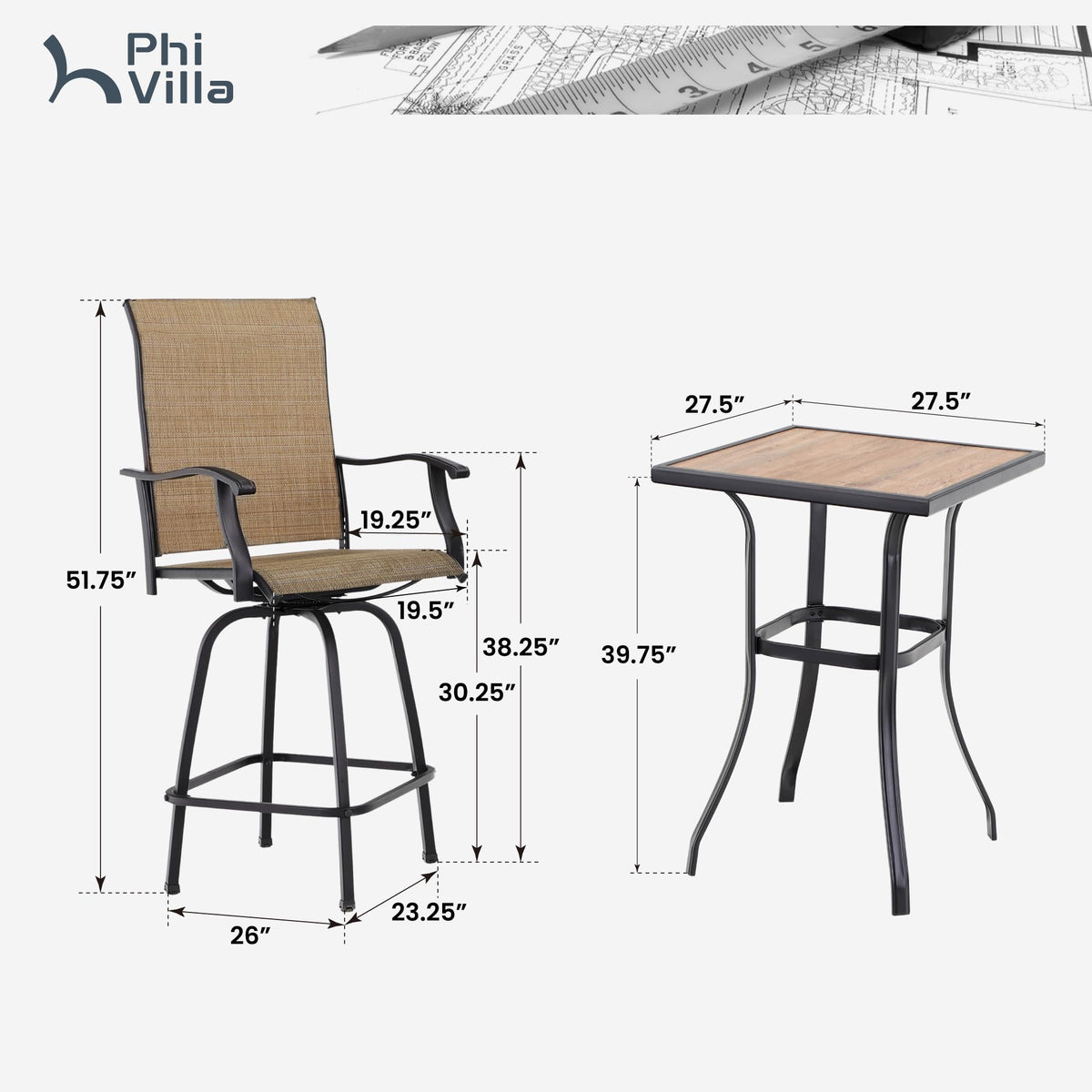 PHI VILLA 3 Piece Outdoor Swivel Bar Stools Set, Bar Height Patio Set