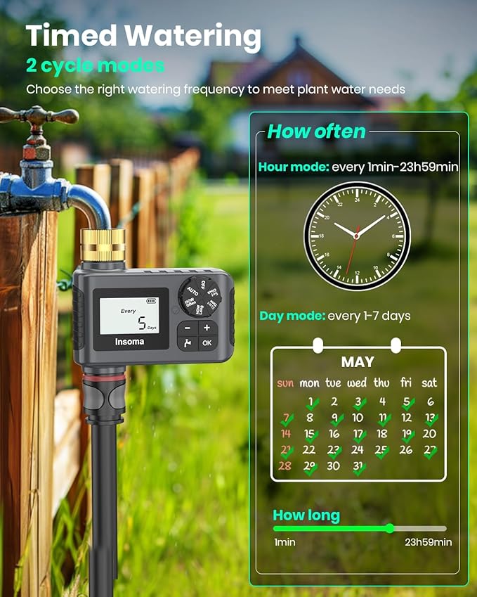 Insoma Water Timer for Garden Hose with Brass Inlet & Outlet, Hose Timer with AUTO/Manual/Rain Delay Mode, Outdoor Sprinkler Timers for Automatic Drip Irrigation System Yard Lawn Watering, 1 Outlet