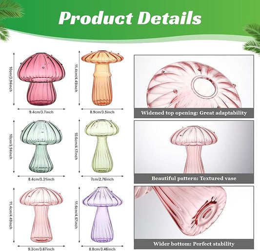 Mushroom Glass Vases for Indoor Plants, Set of 6 Colored Plant Propagation Stations, Mini Terrarium for Plants,Unique Small Hydroponic Pots for Flowers, Cute Decor Vase Gifts for Women