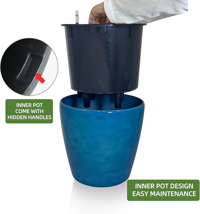 Dexceder 18x17 Self Watering Planter with Wheels Indoor Outdoor, Inner Pot Design, Thickened Large Floor Standing Flower Plant Pot with Water Level Indicator (Peacock Blue Gradient)