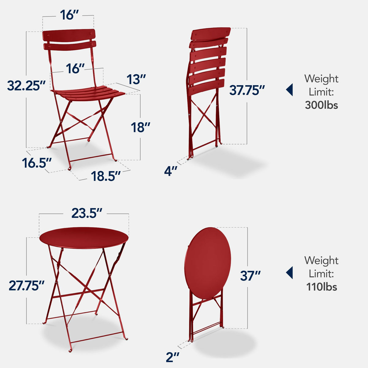 Best Choice Products 3-Piece Bistro Set, Space Saving Folding Design, Solid Steel, Outdoor Patio Furniture Set w/ 2 Chairs, Bistro Table - Red