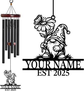 Personalized Customize Name Gnome Wind Chime, Metal Iron 37 Inch Outdoor Memorial Gift for Garden Yard Patio Home Decor, Black，Christmas (Style A)