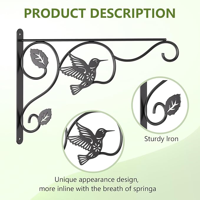 2 Pack Heavy Duty Plant Hooks for Hanging - 12 Inch Metal Wall Hangers Indoor/Outdoor, Sturdy Plant Bracket for Bird Feeders, Planters, Lanterns, Wind Chimes - Patio, Garden, Home Decor (Black)