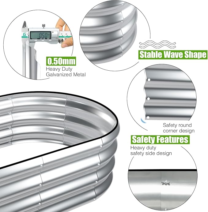 SnugNiture Galvanized Raised Garden Bed Outdoor, 2 Pcs 4x2x1ft Oval Metal Planter Box for Planting Plants Vegetables, Silver