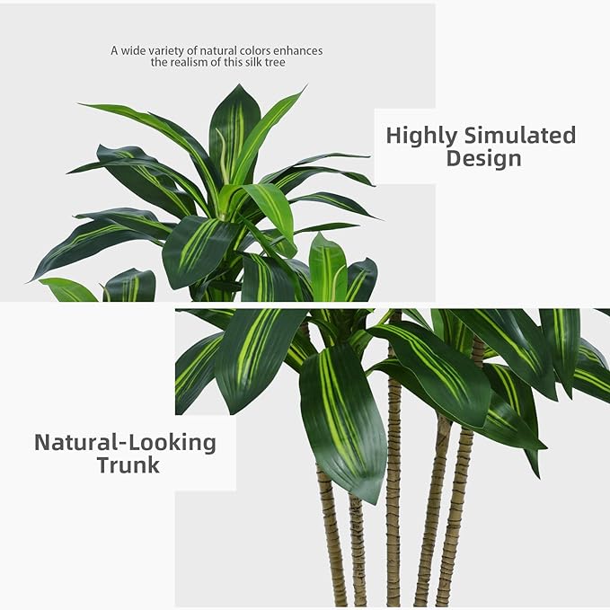 Artificial Dracaena Plant 6FT - Fake Tree with White Tall Planter - Faux Yucca Tall Fake Floor Plant in Pot - Artificial Trees for Home Office Living Room Decor Indoor