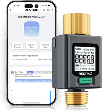RESTMO Smart Water Flow Meter with Screen Backlight, Brass Inlet & Outlet, Measuring Gallon/Liter Consumption & Flow Rate for Garden Watering, RV Filling, Sprinklers & Nozzle - APP Control