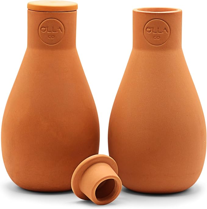 Classic Olla Watering Pot with Lid - Terracotta Self Watering Irrigation up to 1 ft in Diameter for Gardens, Raised Beds, and Small Pots - Vacation Friendly - Mini - Set of 2