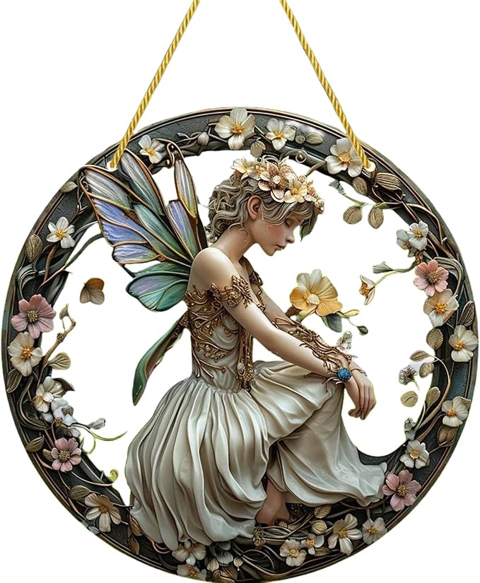 Flower Fairy Garden Decorations Angel Wing Christmas Halloween Deco Statue Art Elf Sculpture Hanging Craft for Outdoor Yard Courtyard Lawn Patio Window Acrylic Ornament Home Gift (B,L: 8*8 IN)