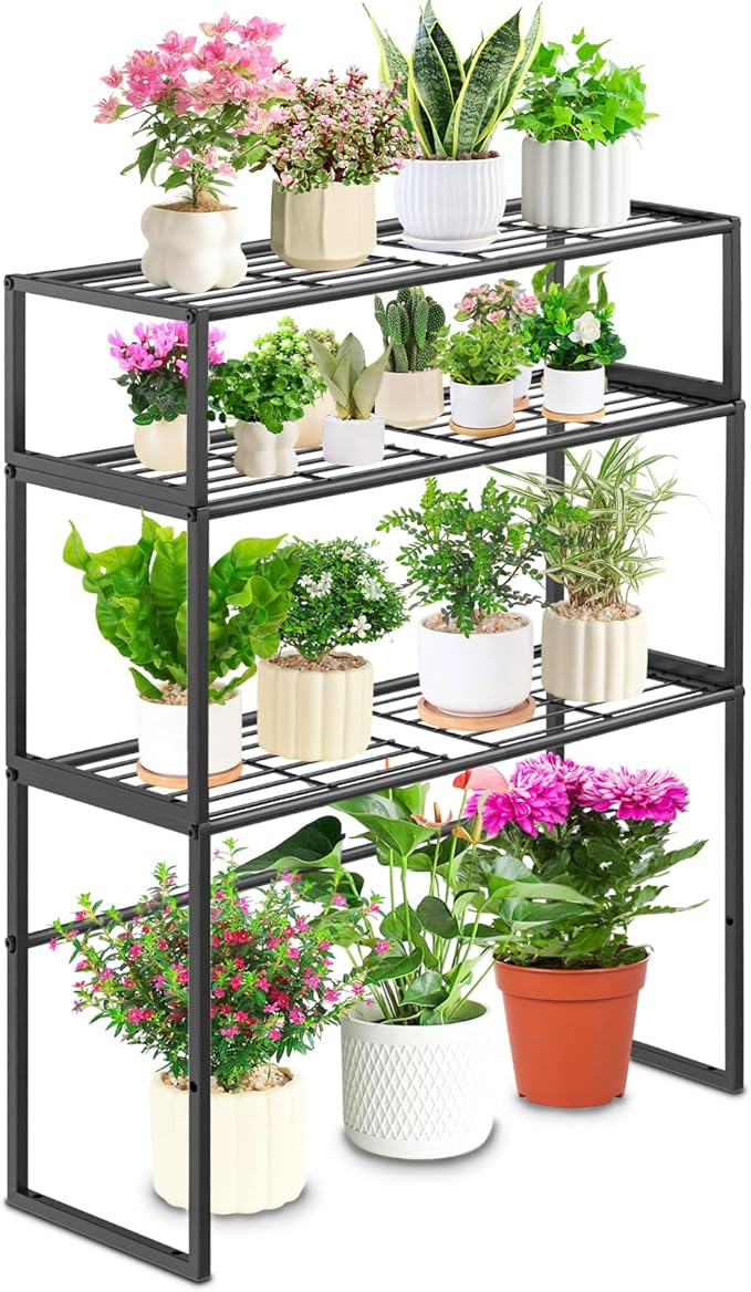 Metal Plant Stand Indoor Outdoor, 3 Tier Potted Multiple Flower Pot Holder Rack Plant Shelf, Heavy Duty Planter Display Shelving for Patio Balcony Garden Living Room Decorative (Black-3 Tier)