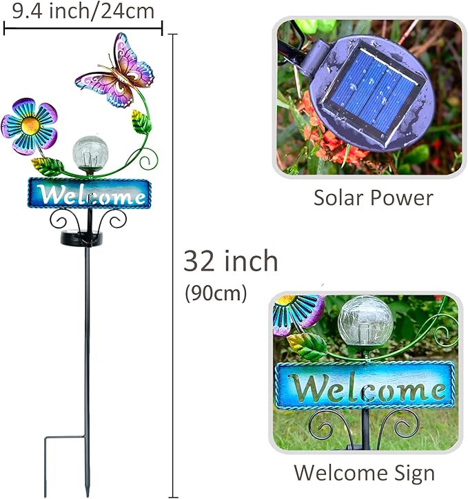 Outdoor Solar Garden Lights with Welcome Sign, Butterfly Ornament Metal Stake Lights for Lawn, Patio, Cracked Glass Balls, for Mom (Butterfly)