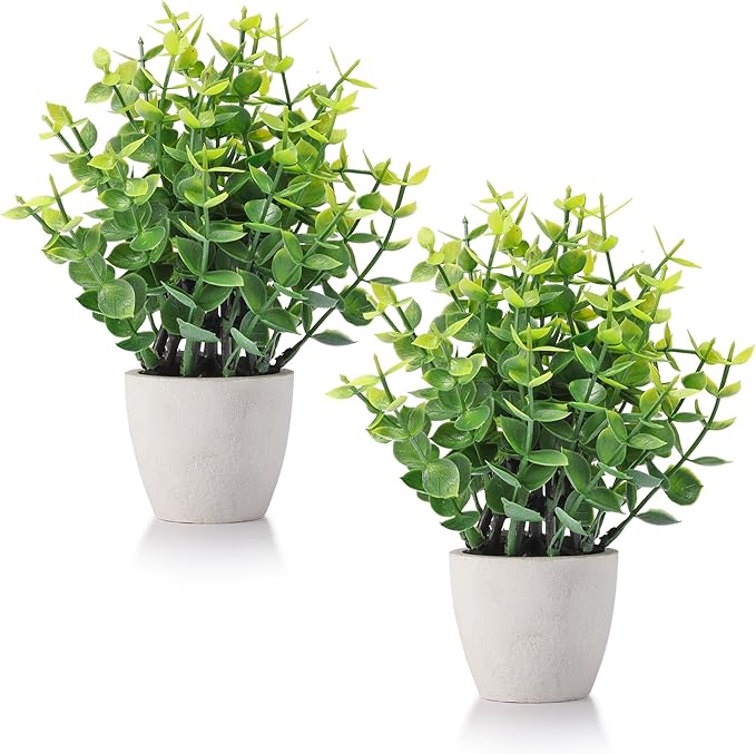 FAVOWREATH 2 Pack Fake Plants Ceramic Mini Artificial Greenery Potted Plants for Home Decor Office Decor Room Decor Farmhouse Decor Indoor Table Bathroom Decor