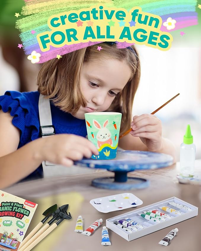 RGBDOT Kids Gardening Set Paint and Plant Stoneware Flower Growing Kit with 6 Pots and Gardening Tools Arts and Crafts for Kids Ages 8-12 Best Children’s Day Gift for Girls Boys Ages 5 6 7 8 9 10