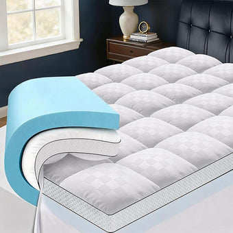 Twin Size Dual Layer 4 Inch Memory Foam Mattress Topper, 2 Inch Gel Memory Foam and 2 Inch Pillow Top Mattress Pad Cover, Thick Soft Bed Topper Medium Support for Back Pain, White