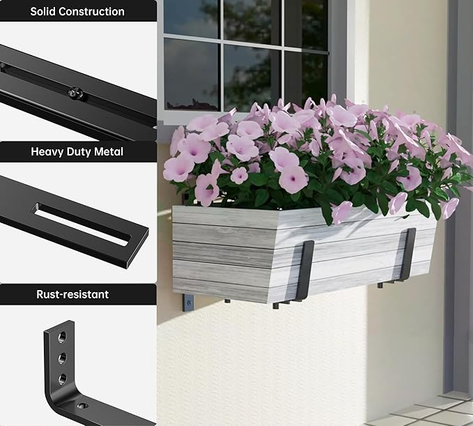 Y&M 6 PCS Adjustable Window Box Brackets for Planter Box, Heavy Duty Wall Mounted Hooks Hangers for Flower Baskets Holder Durable Brackets for Fence Patio Garden Balcony