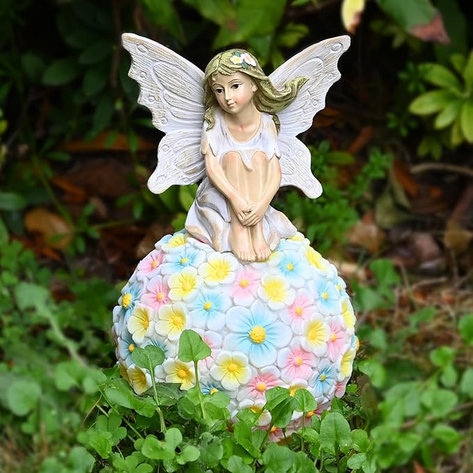 Solar Flower Fairy Garden Decor-Outdoor Fairy Statue-Garden Fairy Figurine Decor for Outside Patio Lawn Yard Porch Ornament,Resin Fairies Statues Decorations,Tall 7.8 Inches, White