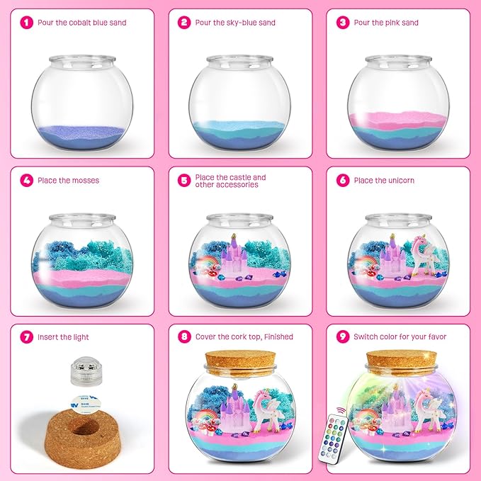 LAOESE Unicorn Gifts for Girls - Light Up Terrarium Kit for Kids - DIY Unicorn Toys for Girls Age 4 5 6 7 8-12 Year Old, Arts and Crafts Kit for Kids, Christmas Halloween Birthday Gifts