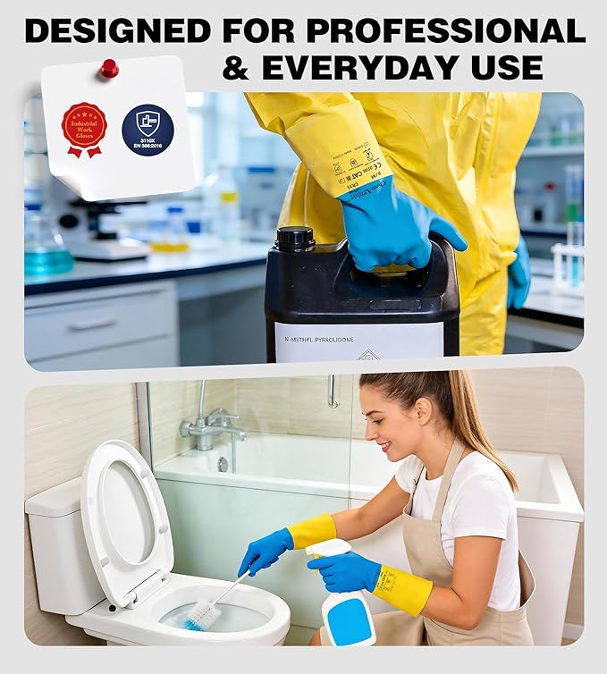 2 Pairs Neoprene and Rubber Blend Heavy-Duty Chemical Gloves, Protective industrial gloves for Resist Acid, Alkali, Hazmat, cleaning, dishwashing, Large