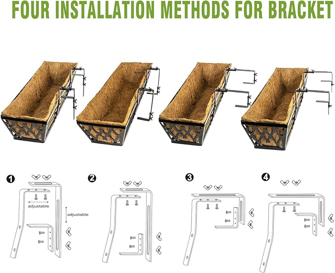 Window Boxes Planters: 2 Pack 24 Inch Railing Planter Box with Adjustable Brackets for Porch Fence Patio Balcony Hanging Flower Baskets with Coco Liners for Outdoor Garden Decor - Bronze