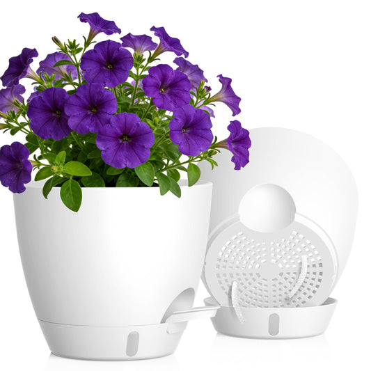 KUGAZ Self Watering Pots with Drainage Holes, 2 Pack 10 Inch Plant Pots with Water Level Indicator Deep Reservoir, Large Plastic Planter for Indoor Outdoor Plants - White
