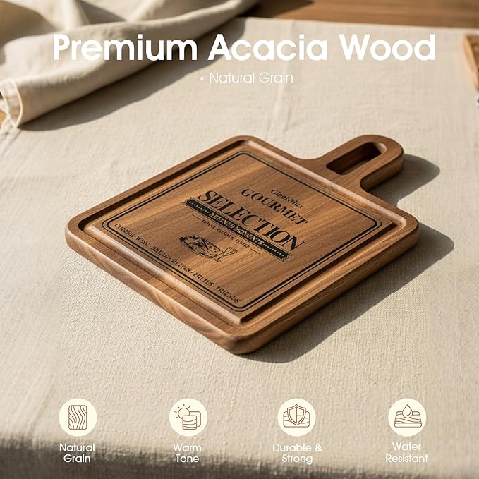 GleeNflux Acacia Wood Charcuterie & Cheese Board Set, 2-Piece Mini Serving Boards for Cheese, Fruit, Nuts & Appetizers – Elegant Snack Boards for Entertaining & Gift Giving