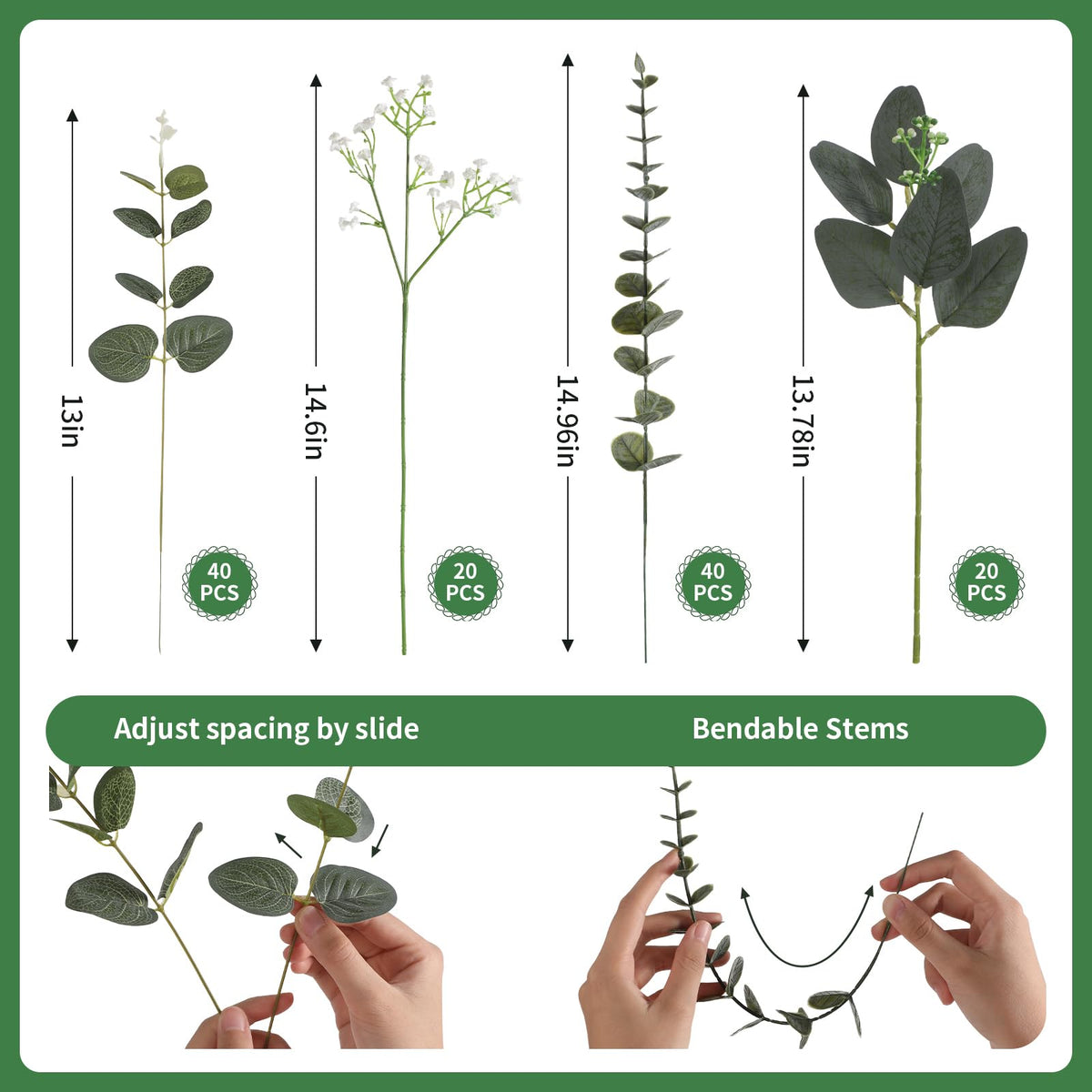 Ecerangus 120 Pcs Mixed Artificial Eucalyptus Leaves Stems Bulk,Baby Breath Artificial Flowers Bulk with Eucalyptus Leaves Greenery Stems for DIY Bouquets Wedding Floral Home Decor (Green-120pcs)