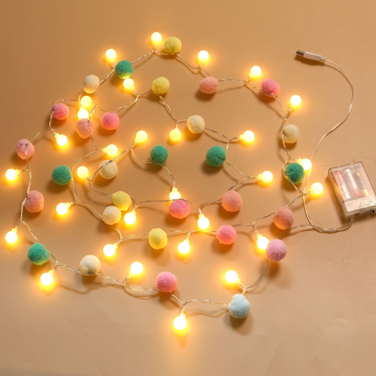 9.84FT Pom Poms Fairy Lights - 30 LED Battery & USB Operated String Lights with Warm White Globe Balls - Cute Indoor Decor for Bedroom Kids Room Playhouse Back to School Birthday Baby Shower - Pastel