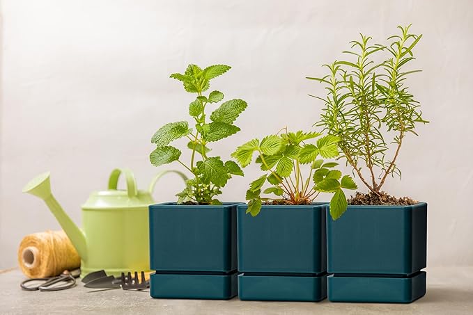 4 Inch Herb Planter Pot, Plastic Planter with Drainage Holes and Saucer, Modern Decorative Gardening Pot for Indoor Plants, Flowers, Herbs, Succulents, Green, Set of 3, 76-Y-C-3
