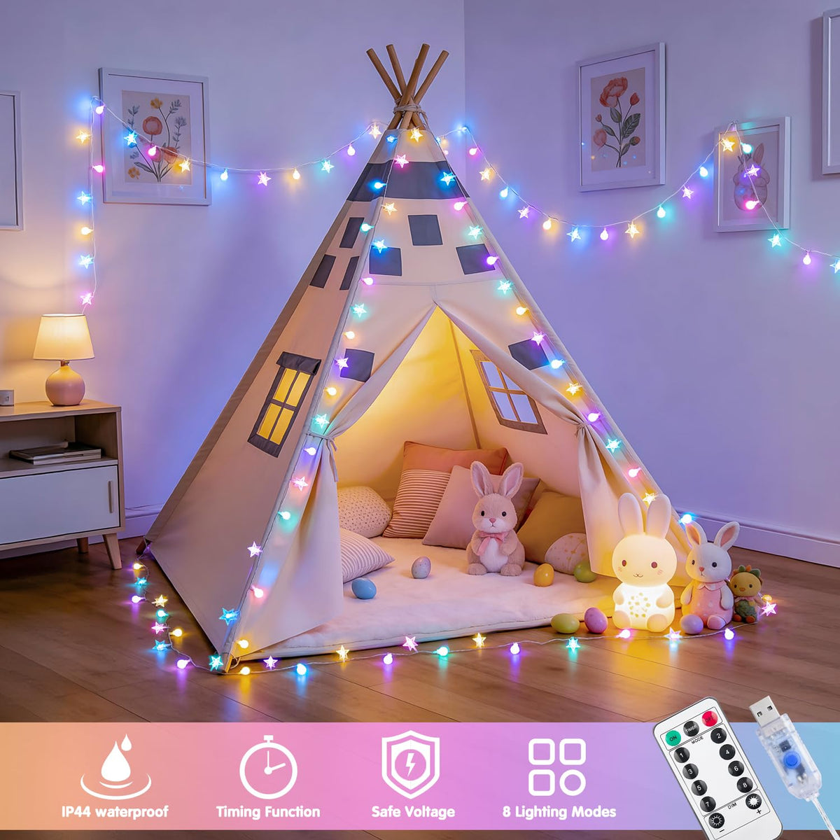 JMEXSUSS 100 LED Easter Lights String Globe Star, 33 FT, USB, Multicolor