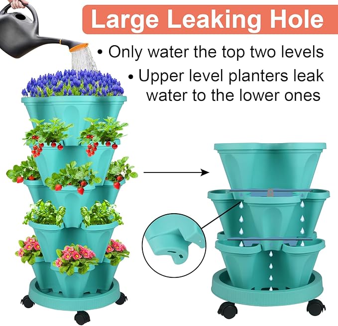 DUNCHATY Stackable Vertical Garden Planter with Wheels, 5 Tier Herb Planter Pots for Growing Vegetables and Succulents, Teal