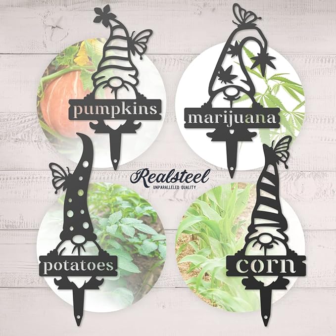 RealSteel, Garden Gnomes Metal Plant Labels, Vegetable, Herb Markers, Outdoors (Onions)