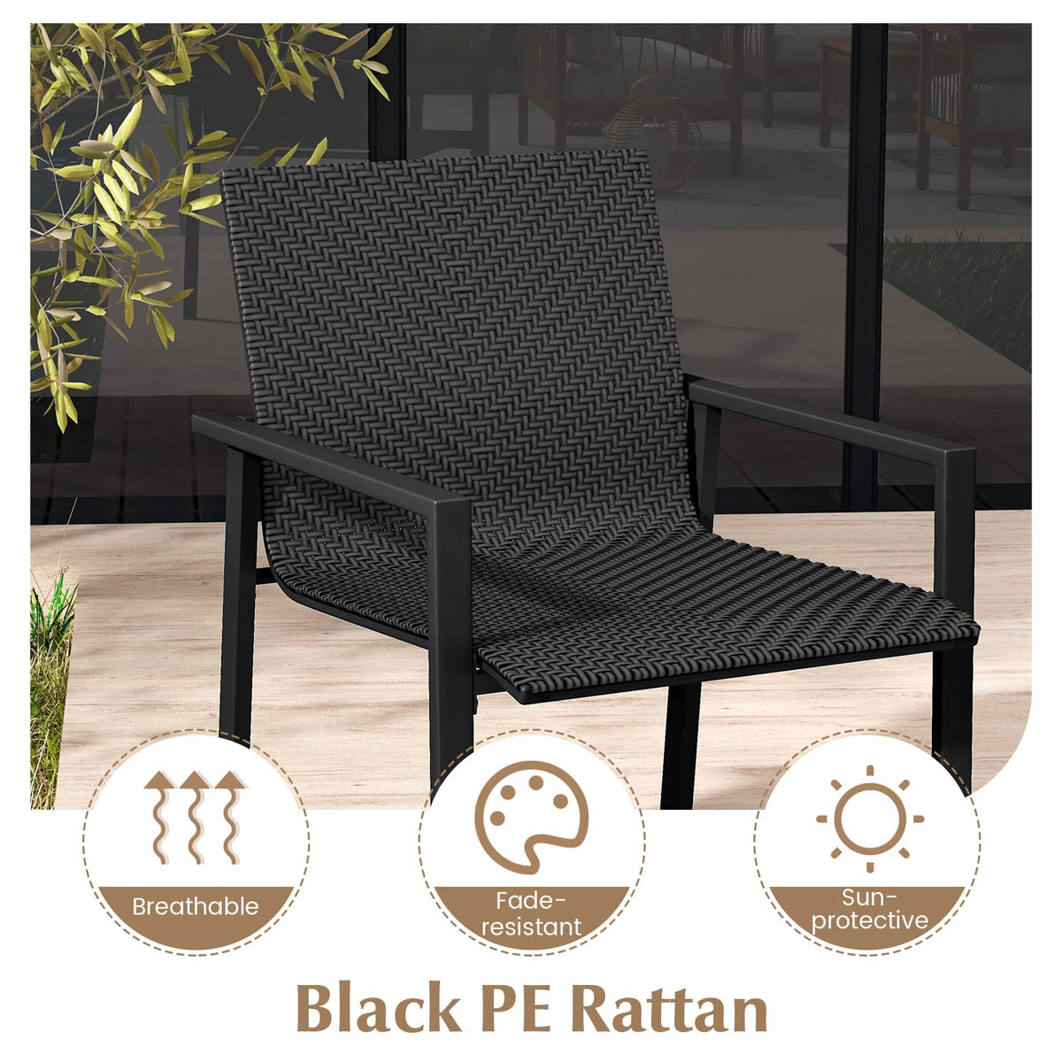 HAPPYGRILL 4 Pieces Wicker Patio Conversation Set with Coffee Table, PE Rattan Chairs with Galvanized Metal Frame, Outdoor Table and Chairs Set for Small Space, Balcony, Poolside, Backyard (Black)