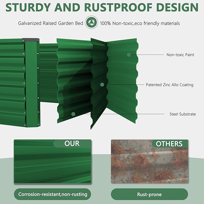 FOOWIN 4pcs 6x3x2ft Galvanized Raised Garden Bed, Planter Raised Garden Boxes Outdoor, Large Metal Raised Beds for Gardening, Garden Bed for Vegetables, Flowers, Herb,269 Gallon Capacity, Green