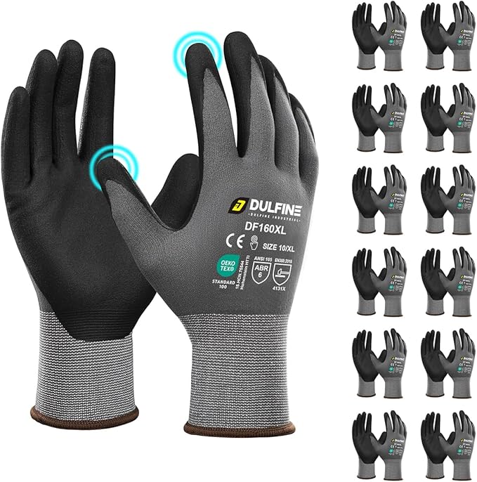DULFINE Safety Work Gloves MicroFoam Nitrile Coated-12 Pairs Pack,Seamless Knit Nylon Glove with Black Micro-Foam Nitrile Grip,Ideal for General Purpose,Automotive,Home Improvement,Painting(Small)