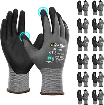 DULFINE Safety Work Gloves MicroFoam Nitrile Coated-12 Pairs Pack,Seamless Knit Nylon Glove with Black Micro-Foam Nitrile Grip,Ideal for General Purpose,Automotive,Home Improvement,Painting(Medium)