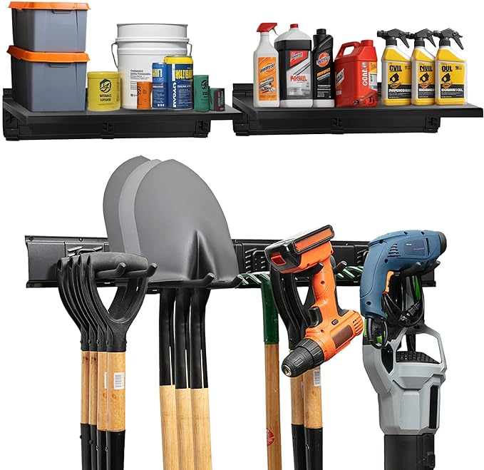 Heavy-Duty Garage Wall Storage System | Wall Mounted Tool Organizer Rack with Shelving | 10-Piece Mounting Kit | Includes 4x8.5” Adjustable Hooks & 2x16.5” Floating Utility Shelves