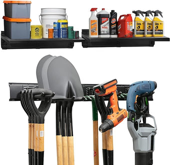 Heavy-Duty Garage Wall Storage System | Wall Mounted Tool Organizer Rack with Shelving | 10-Piece Mounting Kit | Includes 4x8.5” Adjustable Hooks & 2x16.5” Floating Utility Shelves
