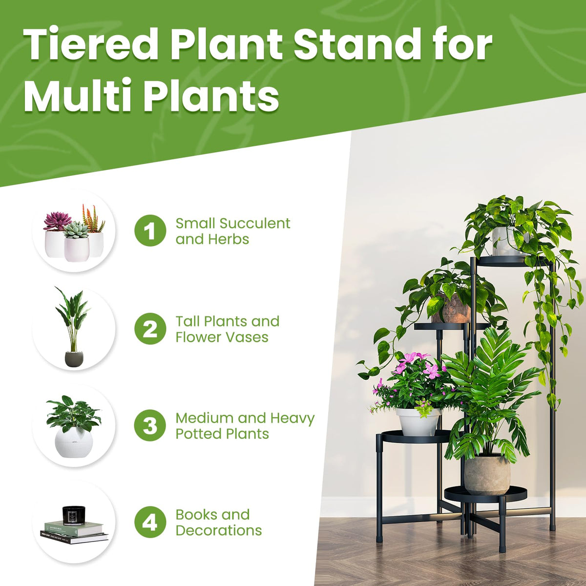 Plant Stand Indoor Outdoor, 4 Tier Metal Corner Shelf Black 9 in Wide