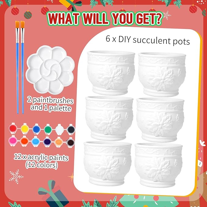 Pasimy 6 Set Ceramics to Paint DIY Ceramic Succulent Planter Pots Paint Your Own Flower Pots Craft Kit Unpainted Bisque Flowerpot with Brush Palette for Family Activity Holiday Gifts(Holly Leaf)