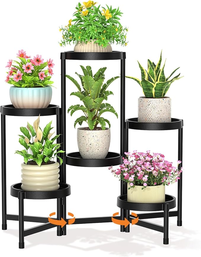 LASZOLA 6 Tiered Folding Plant Stand Indoor for Multiple Large Planter, Tall Heavy Duty Adjustable Rack with Rust Proof Plastic Shelving, Sturdy Vertical Tree Organizer for Narrow Inside Floor, Black
