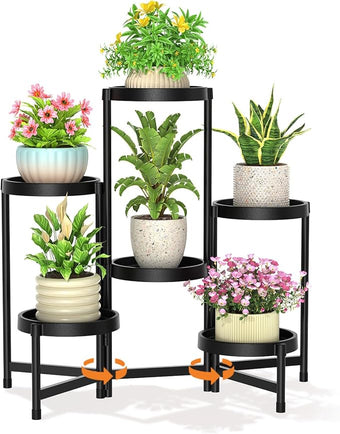 LASZOLA 6 Tiered Folding Plant Stand Indoor for Multiple Large Planter, Tall Heavy Duty Adjustable Rack with Rust Proof Plastic Shelving, Sturdy Vertical Tree Organizer for Narrow Inside Floor, Black