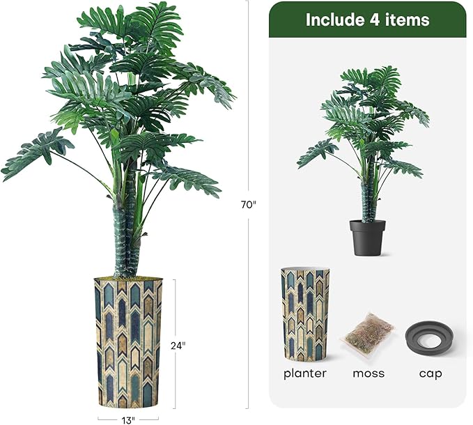 Artificial Tree in Modern Polygon Pattern Effect Planter, Fake Philodendron Tree Silk Tree for Indoor and Outdoor Home Decoration - 70" Overall Tall (Plant Pot Plus Tree)