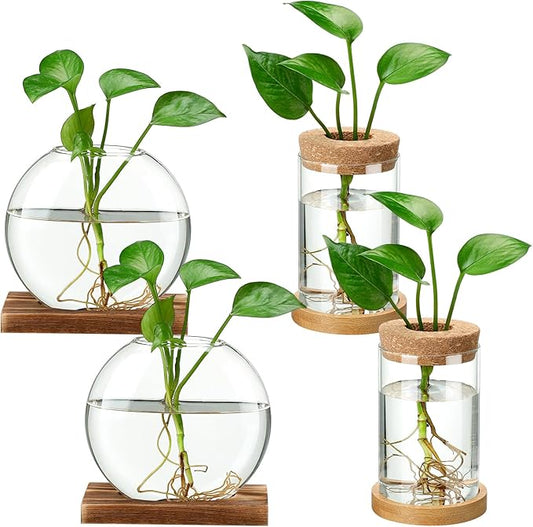 Layhit 4 Pcs Plants Propagation Stations vases Glass Planters with Wooden Lid and Bamboo Stand for Hydroponic Plants Gardening Gifts for Women Mom Home Office Tabletop Decoration(Novelty Style)