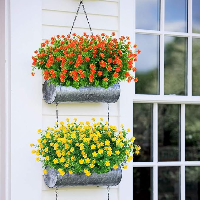 ArtBloom 12 Bundles Outdoor Artificial Flowers UV Resistant Fake Boxwood Plants, Faux Greenery for Indoor Outside Hanging Plants Garden Porch Window Box Home Wedding Farmhouse Décor (Orange Red)