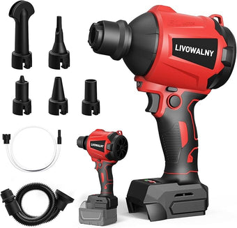 LIVOWALNY Cordless Air Pump Dust Blower Compatible with Milwaukee 18V Battery, Brushless Air Duster Compressed Air Mattress Pump w/ 3 Speeds & 7 Nozzles & 447 MPH/39 CFM for Workshop Cleaning